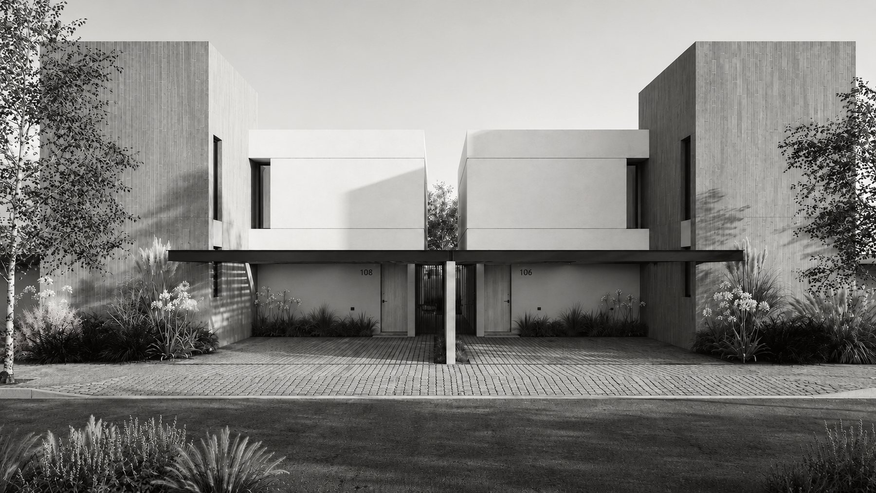Vivienda pareada — visualización arquitectónica en blanco y negro
